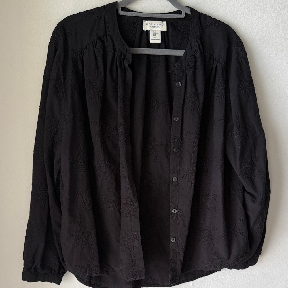 Calypso St Barth size M Black Embroidered Button-Down Blouse